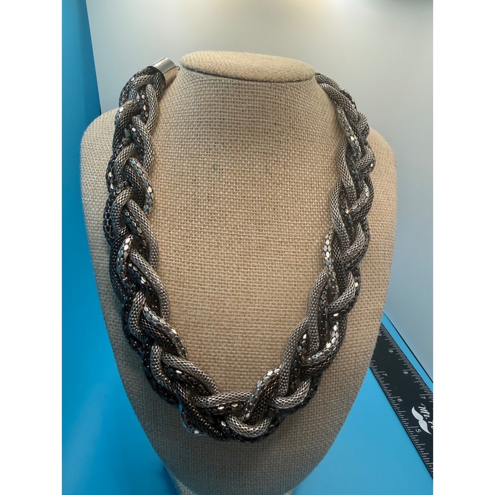 Mixed Metal Braided Mesh Statement Necklace Silver Gunmetal Chunky Woven Chain